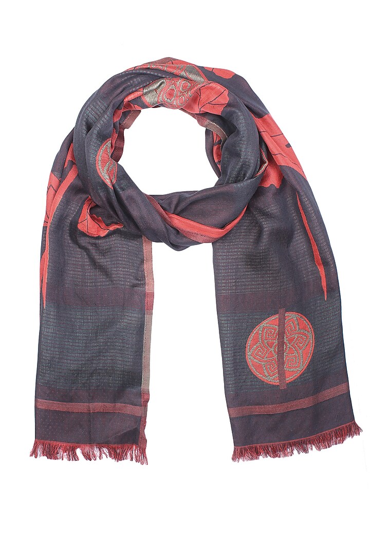 Red and black floral print jacquard Stole by Shingora