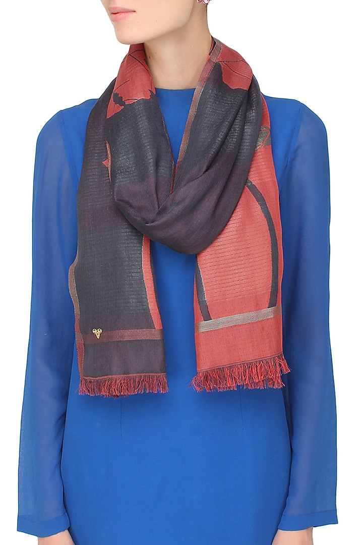 Red and black floral print jacquard Stole available only at Pernia's Pop Up Shop.
