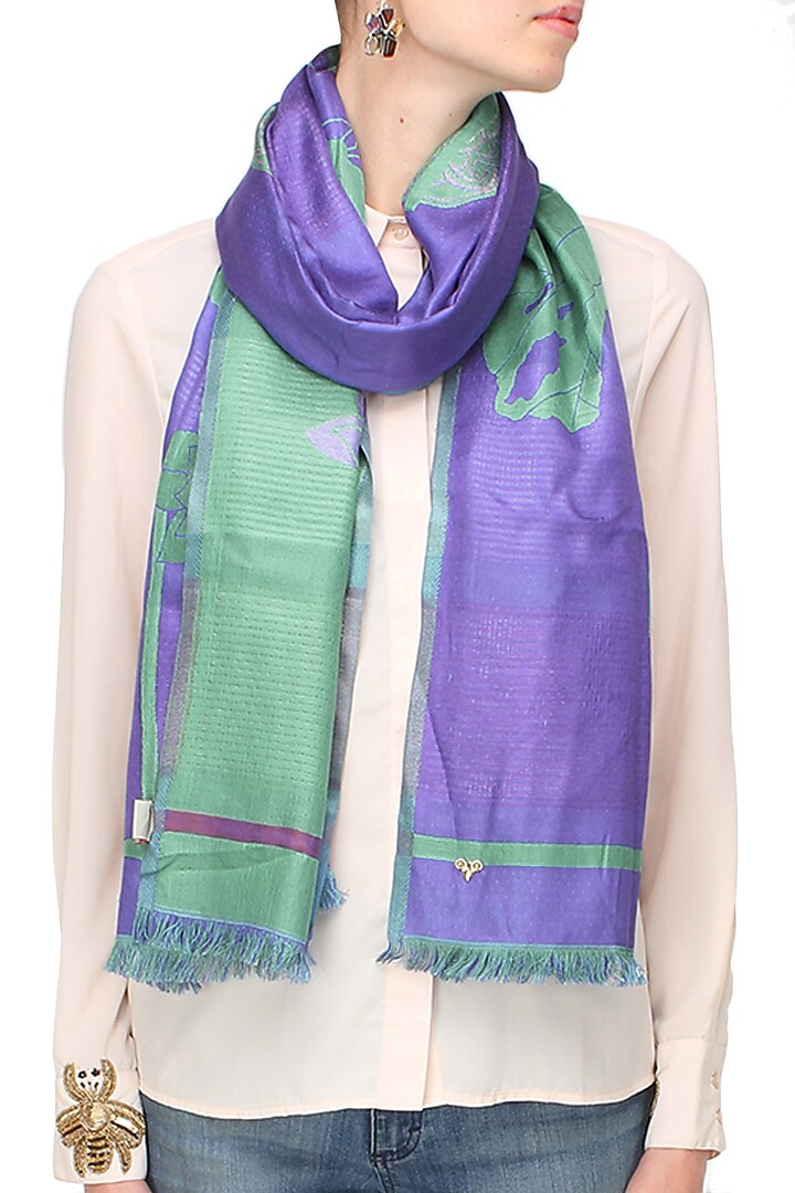 Violet and sea green floarl jacquard stole available only at Pernia's Pop Up Shop.