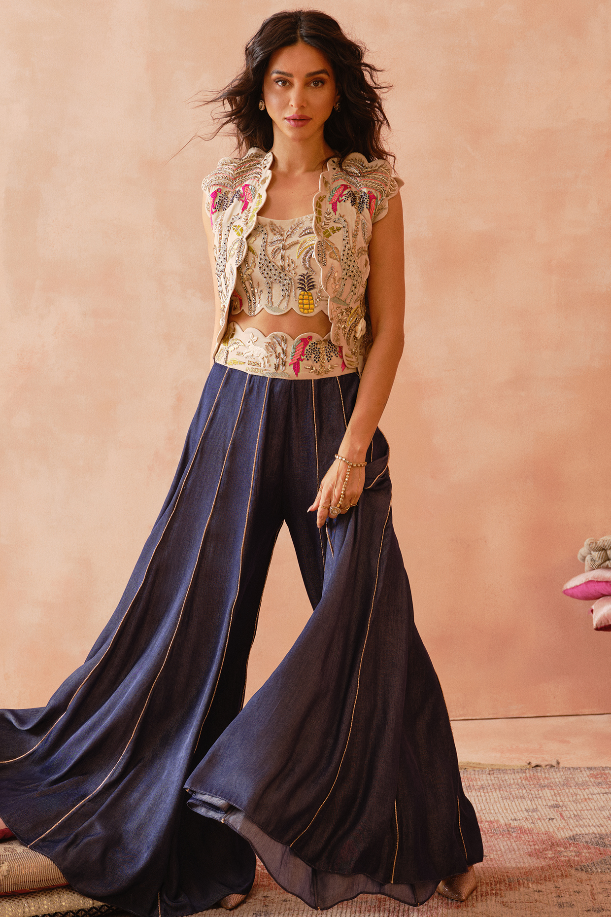 Blue Denim Embroidered Bridal Sharara Set by Payal Singhal at Pernia's Pop Up Shop