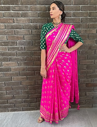 Hot Pink Silk Saree  by Masaba