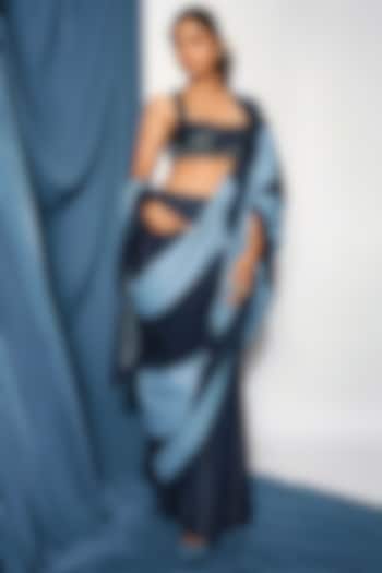 Dark Blue Denim Embroidered Pleated Pre-Stitched Saree Set by Diksha Khanna