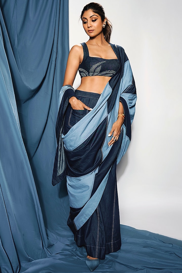 Dark Blue Denim Embroidered Pleated Pre-Stitched Saree Set by Diksha Khanna