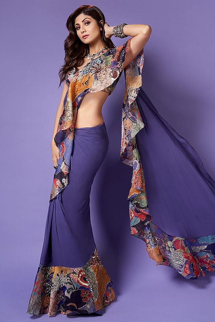 Violet Indian Organza Printed Ruffled Saree Set by Aisha Rao