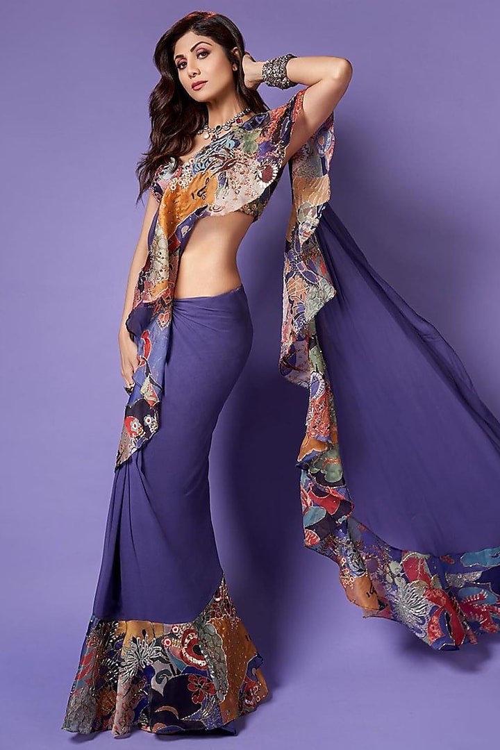 Violet Indian Organza Printed Ruffled Reception Saree Set by Aisha Rao at Pernia's Pop Up Shop