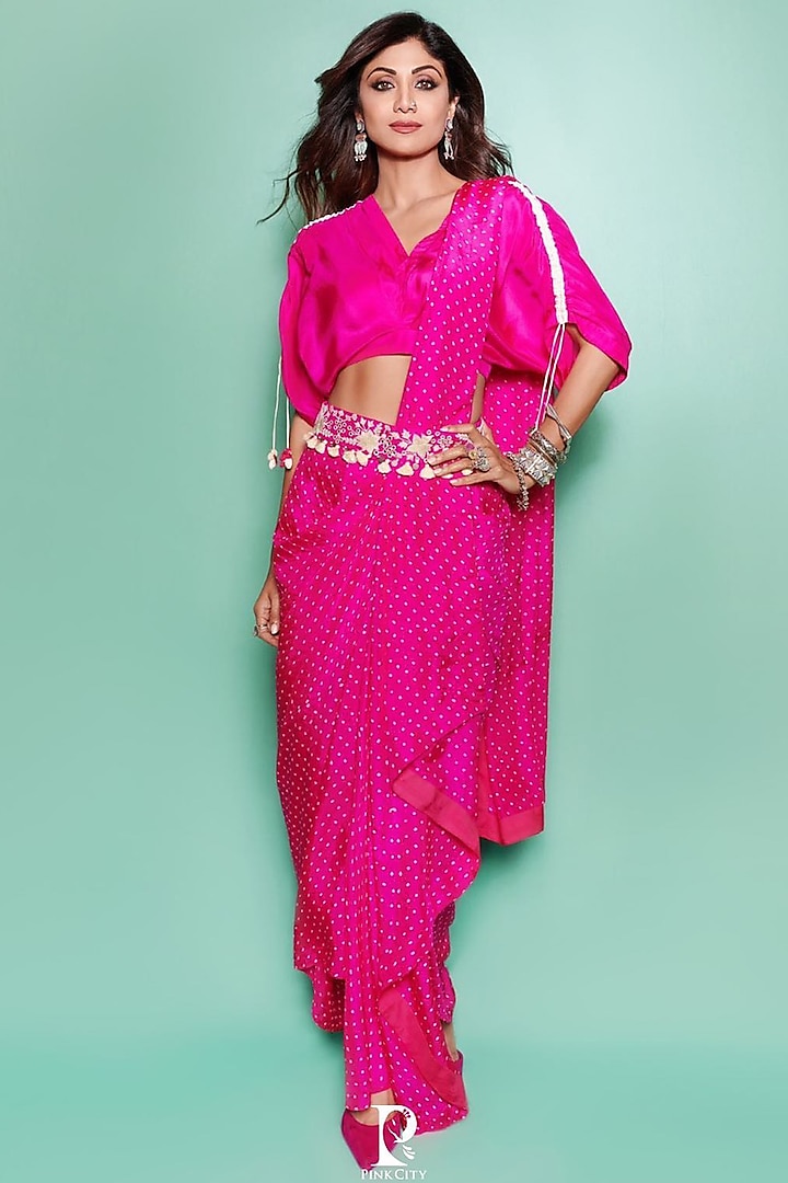 Hot Pink Silk Draped Saree Set by Pink City By Sarika
