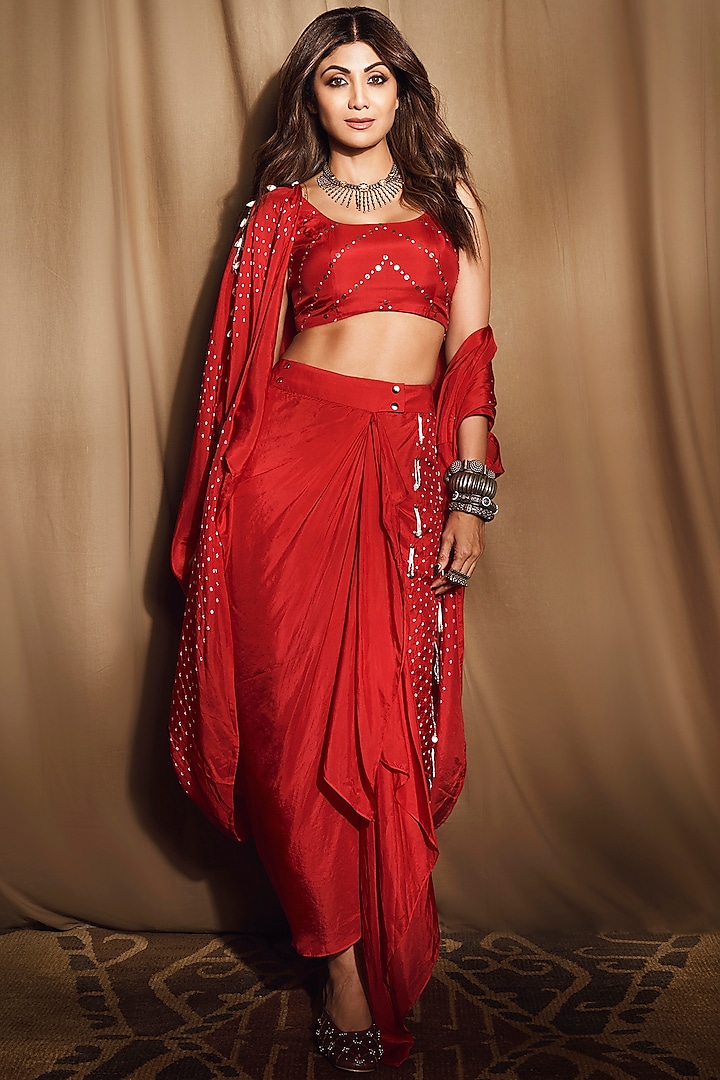 Red Silk Embroidered Cape Set by Pink City By Sarika