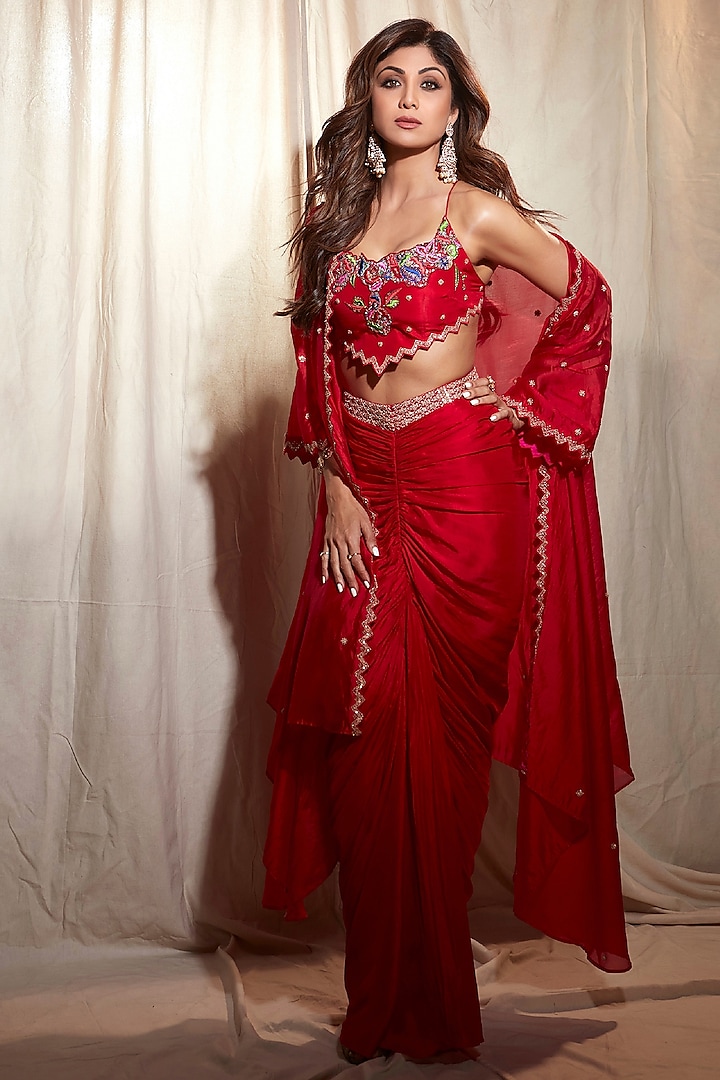 Red Silk & Organza Silk Draped Skirt Set by Punit Balana