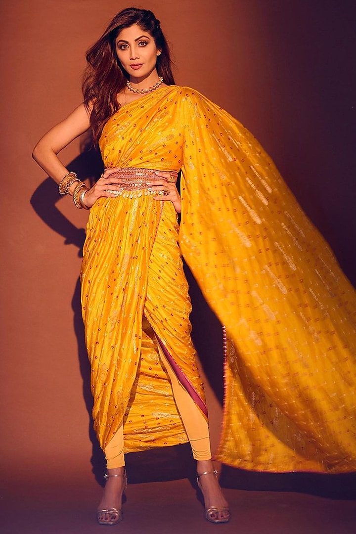 Mustard Crepe Banarasi Silk One-Shoulder Pant Saree by QBIK