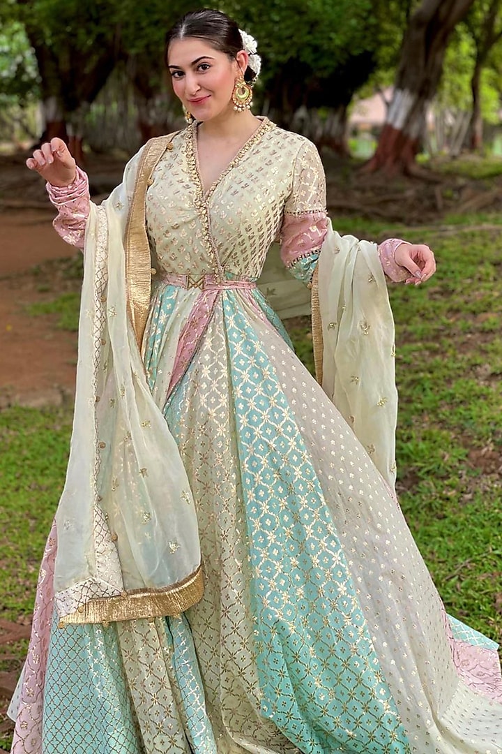 Multi-Colored Hand Embroidered Wedding Anarkali Set by Mahima Mahajan at Pernia's Pop Up Shop