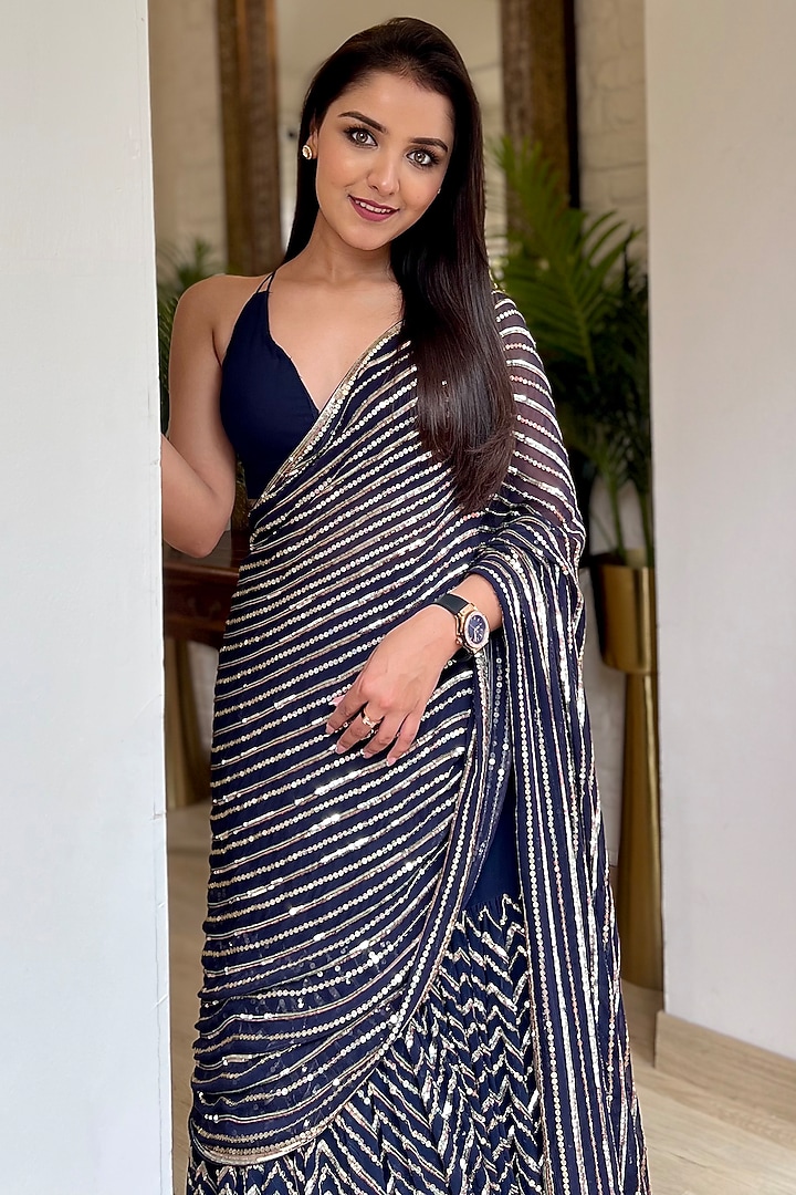 Navy Blue Georgette Sequins Embroidered Draped Reception Lehenga Saree Set by Prevasu at Pernia's Pop Up Shop