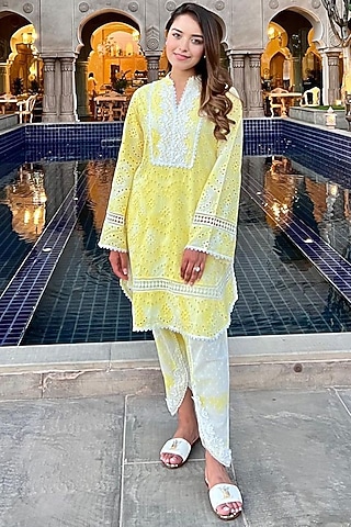 Yellow Cotton Schiffli Tie-Dye Dhoti Set by QALA CLOTHING