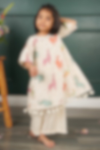 Cream & Pink Linen Cotton Printed Co-Ord Set For Girls by SHRUTI JALAN at Pernia's Pop Up Shop