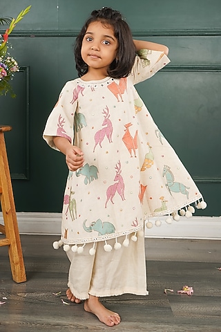 Cream & Pink Linen Cotton Printed Co-Ord Set For Girls by SHRUTI JALAN