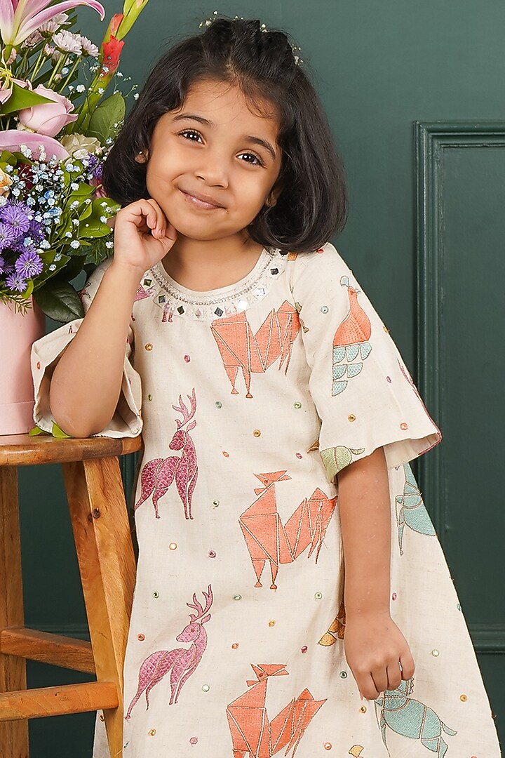 Cream & Pink Linen Cotton Printed Co-Ord Set For Girls by SHRUTI JALAN at Pernia's Pop Up Shop