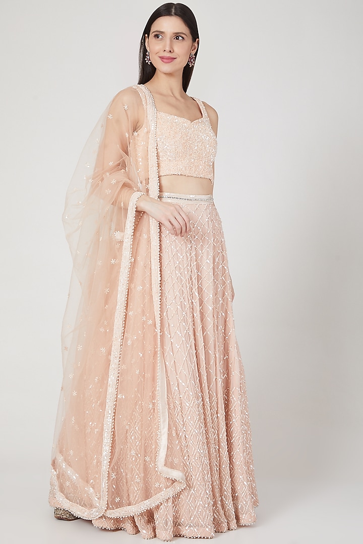 Peach Wedding Lehenga Set With Pearl Work by SHIVA JANGRA at Pernia's Pop Up Shop