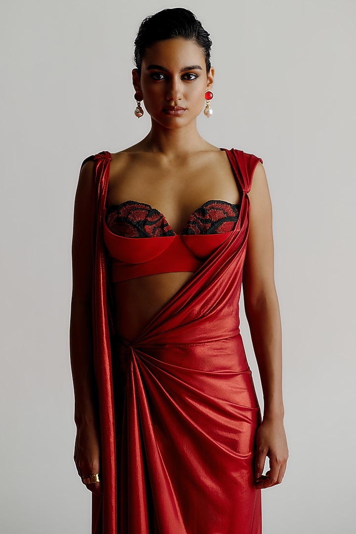 Red Liquid Jersey Pre-Stitched Wedding Saree by 431-88 By Shweta Kapur at Pernia's Pop Up Shop