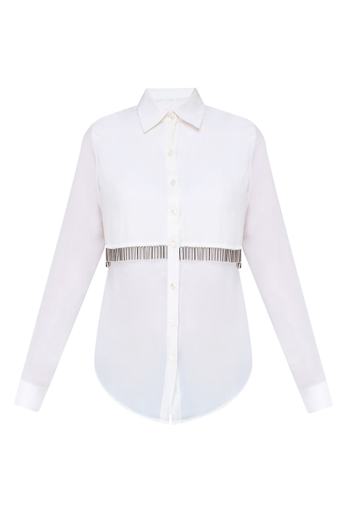 White Metallic Tassels Button Down Layered Shirt by 431-88 By Shweta Kapur