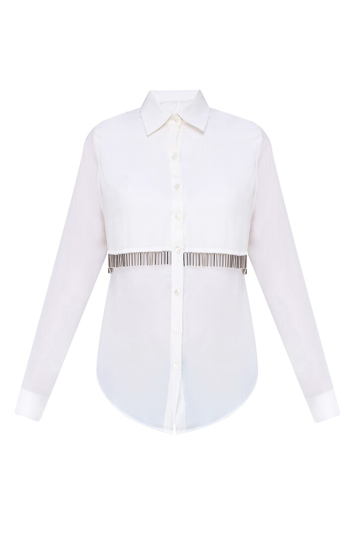 431-88 presents White metallic tassels button down layered shirt available only at Pernia's Pop Up Shop.