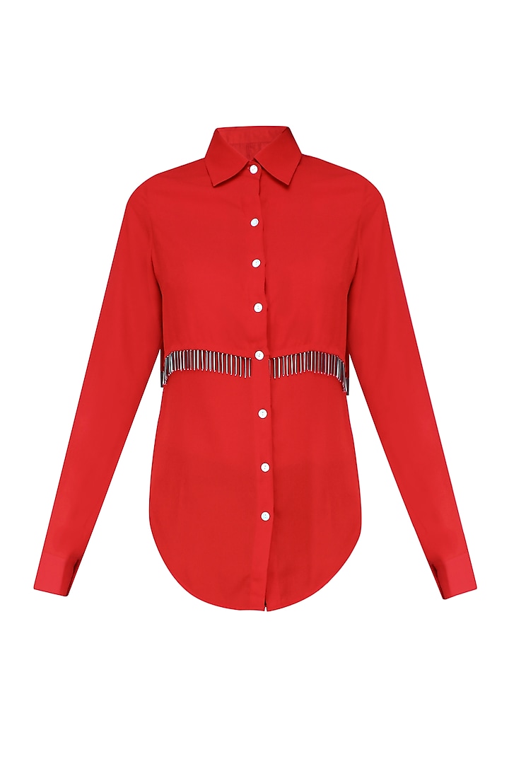 Red Metallic Tassels Button Down Layered Shirt by 431-88 By Shweta Kapur