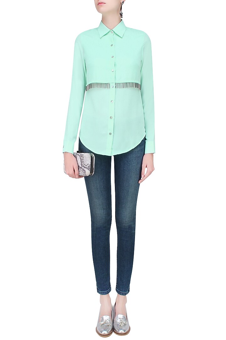 431-88 presents Mint green metallic tassels button down layered shirt available only at Pernia's Pop Up Shop.