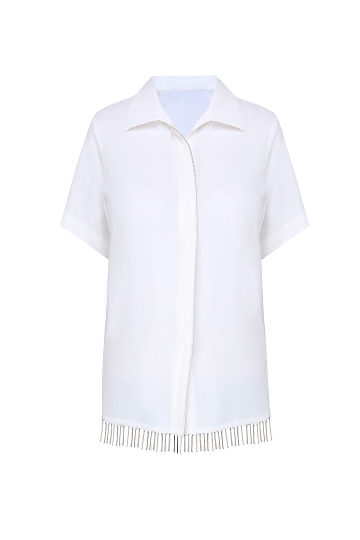 White Bead Tassels Boxy Shirt by 431-88 By Shweta Kapur