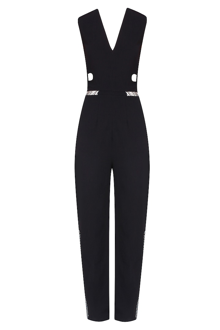 Black Stapled Beads Low Neck Jumpsuit by 431-88 By Shweta Kapur