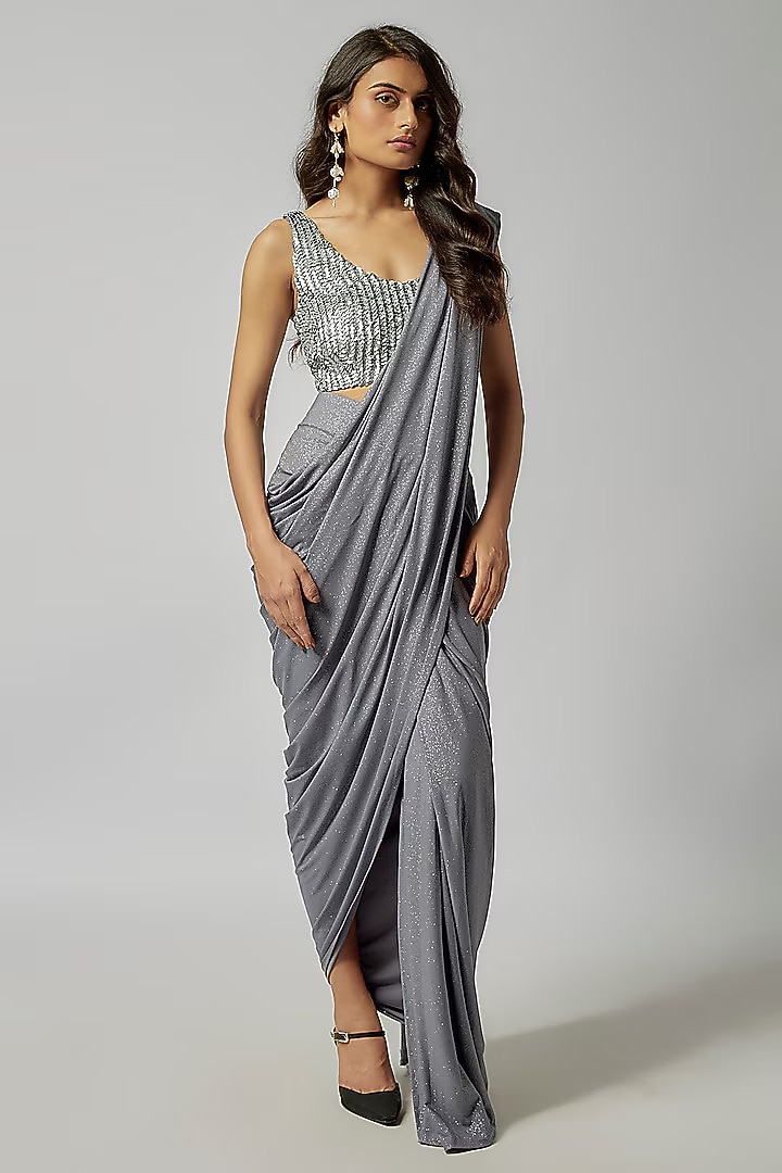 Silver Silk Sequins & Glass Bead Hand Embroidered Blouse by 431-88 By Shweta Kapur at Pernia's Pop Up Shop