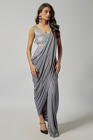 Silver Silk Sequins & Glass Bead Hand Embroidered Blouse by 431-88 By Shweta Kapur