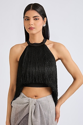 Black Fringe Halter Top by 431-88 By Shweta Kapur
