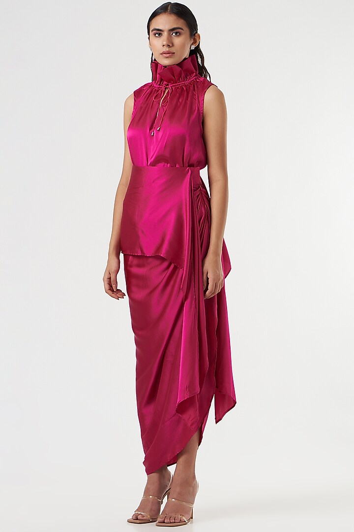 Fuchsia Satin Draped Skirt by 431-88 By Shweta Kapur