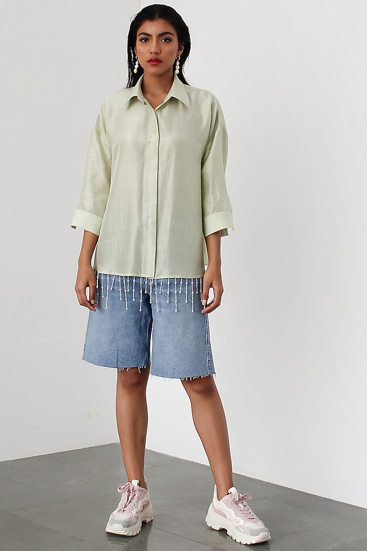 Mint Dupion Silk Pearl Shirt by 431-88 By Shweta Kapur at Pernia's Pop Up Shop