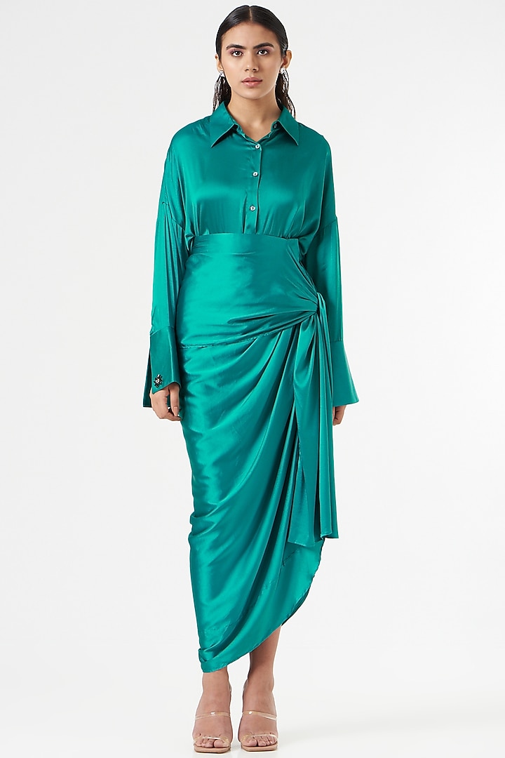Emerald Satin Shirt by 431-88 By Shweta Kapur