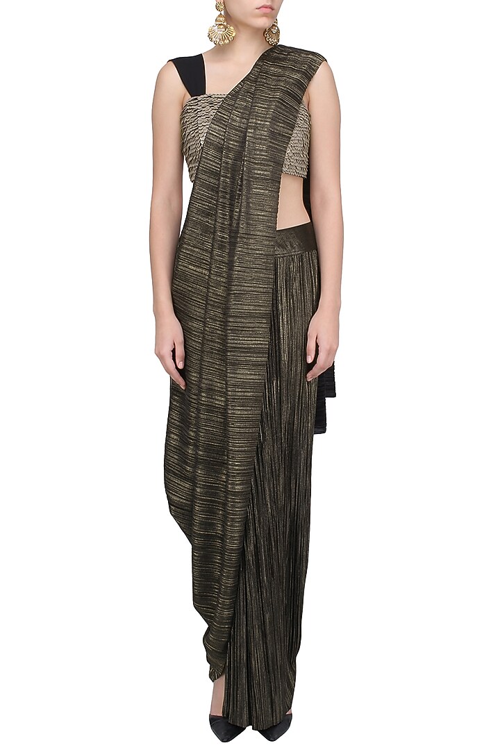 Dusty gold Metallic pre draped saree available only at Pernia's Pop Up Shop.