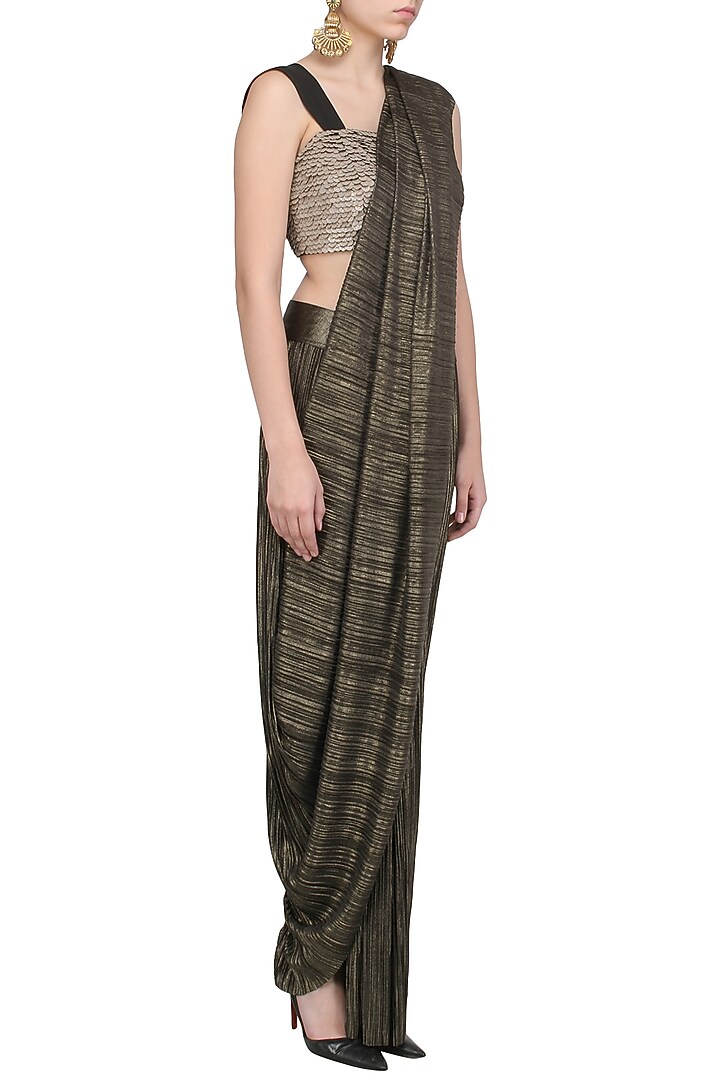 Dusty gold Metallic pre draped saree available only at Pernia's Pop Up Shop.