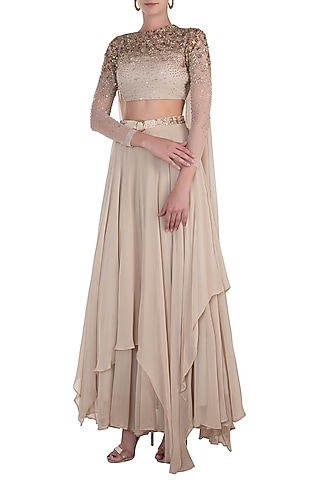 Beige Embellished Blouse with Lehenga Skirt and Belt by Shloka Khialani