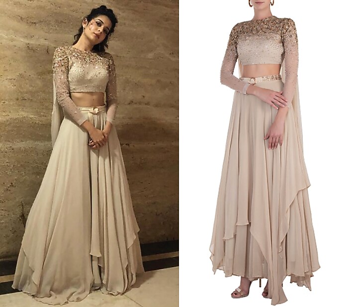 Beige embellished blouse with lehenga skirt and belt available only at Pernia's Pop Up Shop.