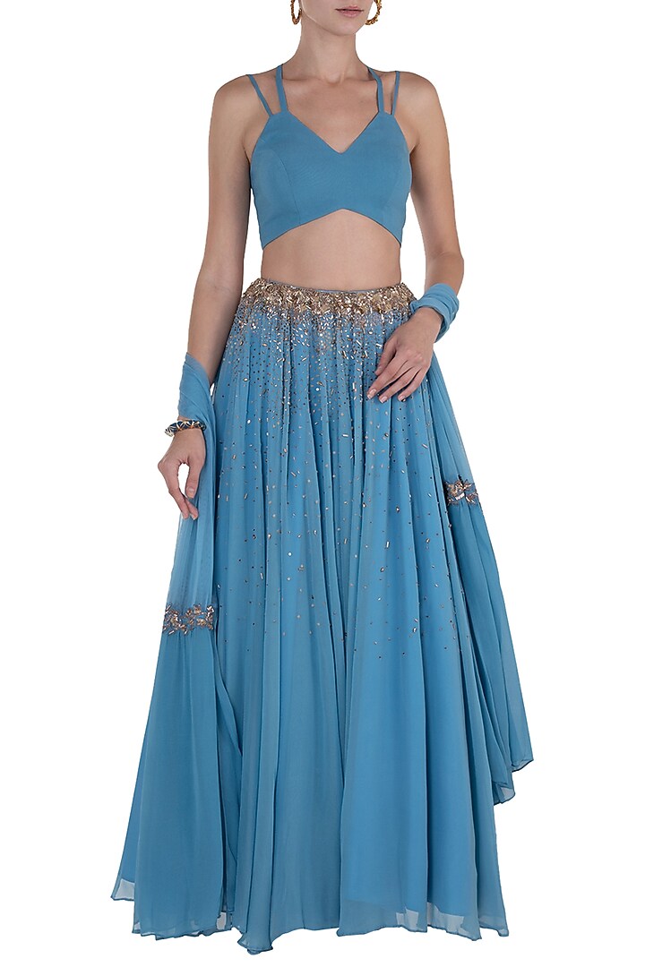 Blue and gold embellished lehenga set available only at Pernia's Pop Up Shop.