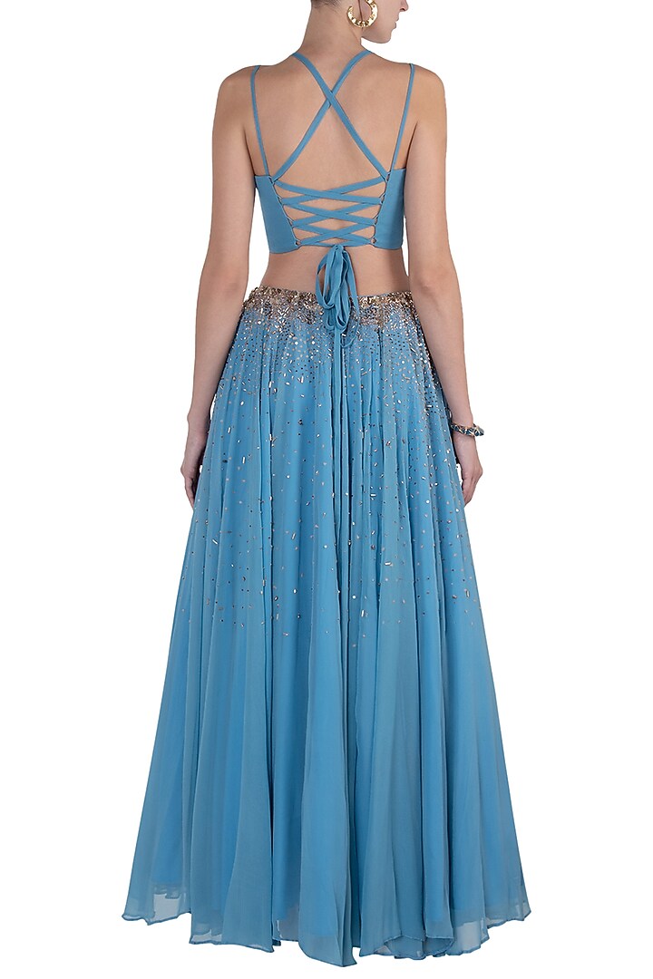 Blue and gold embellished lehenga set available only at Pernia's Pop Up Shop.