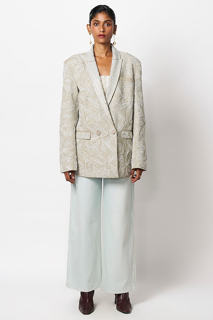 Sage Green Suiting Hand & Machine Embroidered Jacket by 431-88 By Shweta Kapur at Pernia's Pop Up Shop