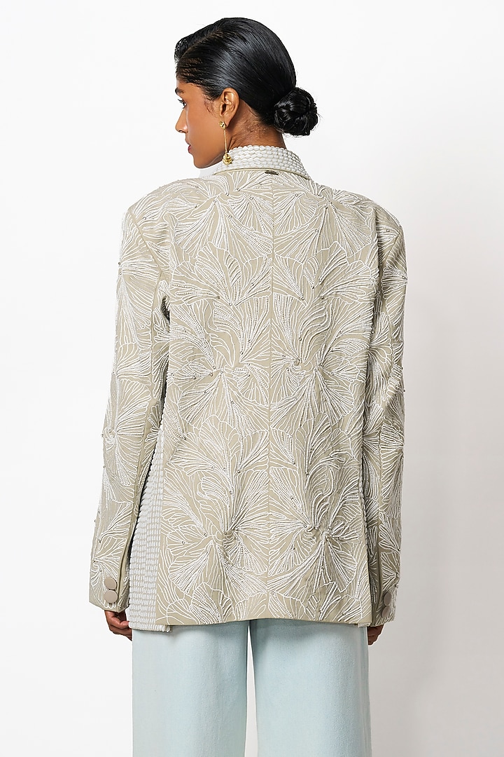 Sage Green Suiting Hand & Machine Embroidered Jacket by 431-88 By Shweta Kapur at Pernia's Pop Up Shop