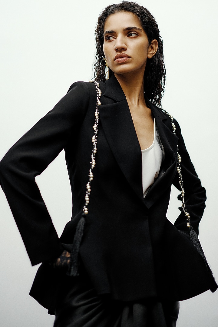 Black Crepe Pearl Hand Embellished Blazer by 431-88 By Shweta Kapur at Pernia's Pop Up Shop