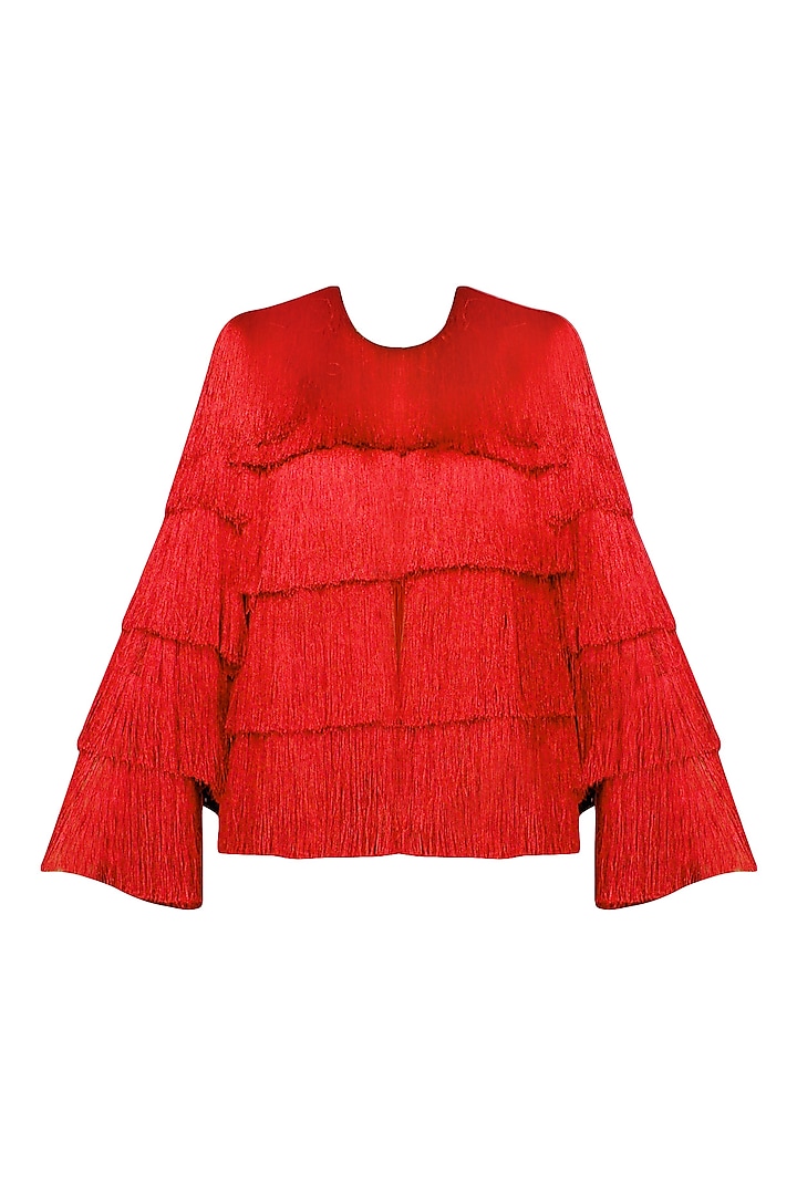 Red Layered Fringe Jacket by 431-88 By Shweta Kapur