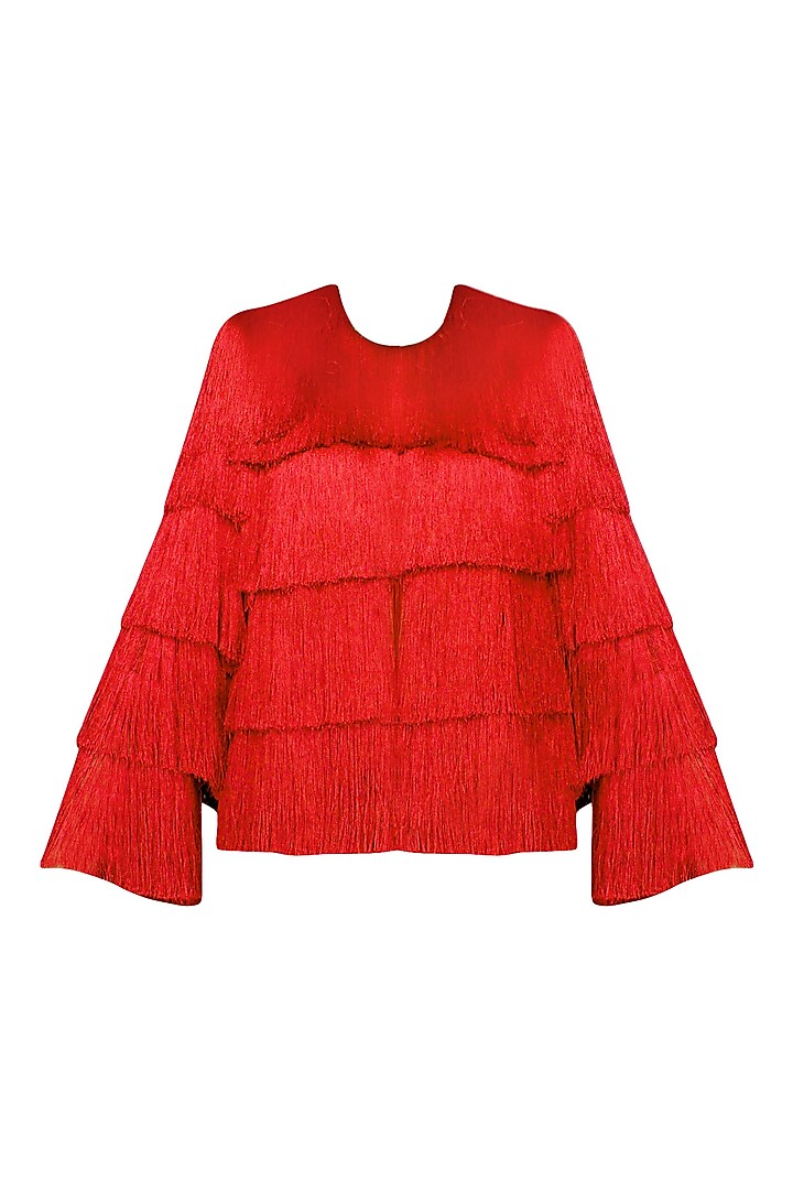 Red Layered Fringe Jacket by 431-88 By Shweta Kapur