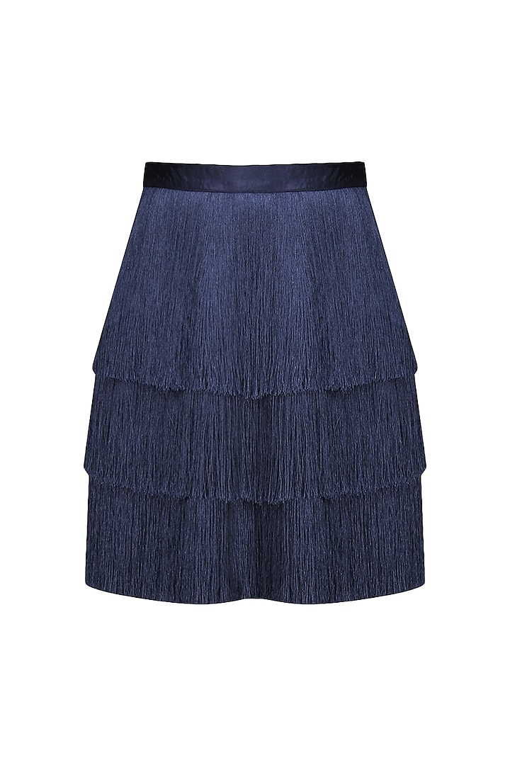 Navy Blue Layered Fringe Skirt by 431-88 By Shweta Kapur