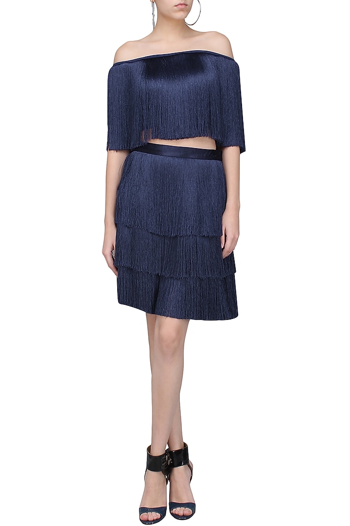 Navy blue layered fringe skirt available only at Pernia's Pop Up Shop.