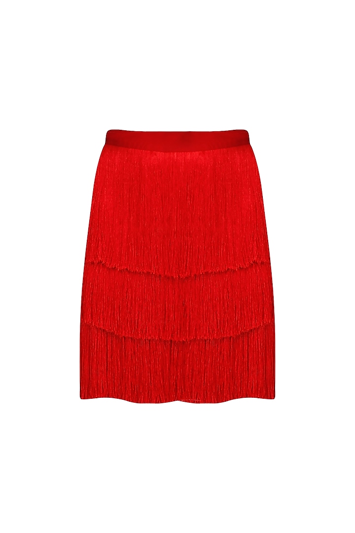 Red Layered Fringe Skirt by 431-88 By Shweta Kapur