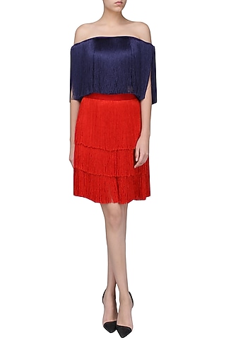 Red Layered Fringe Skirt by 431-88 By Shweta Kapur