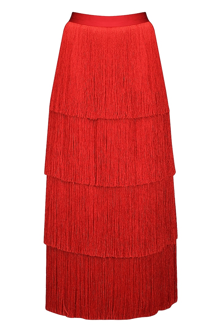 Red layered fringe long skirt available only at Pernia's Pop Up Shop.