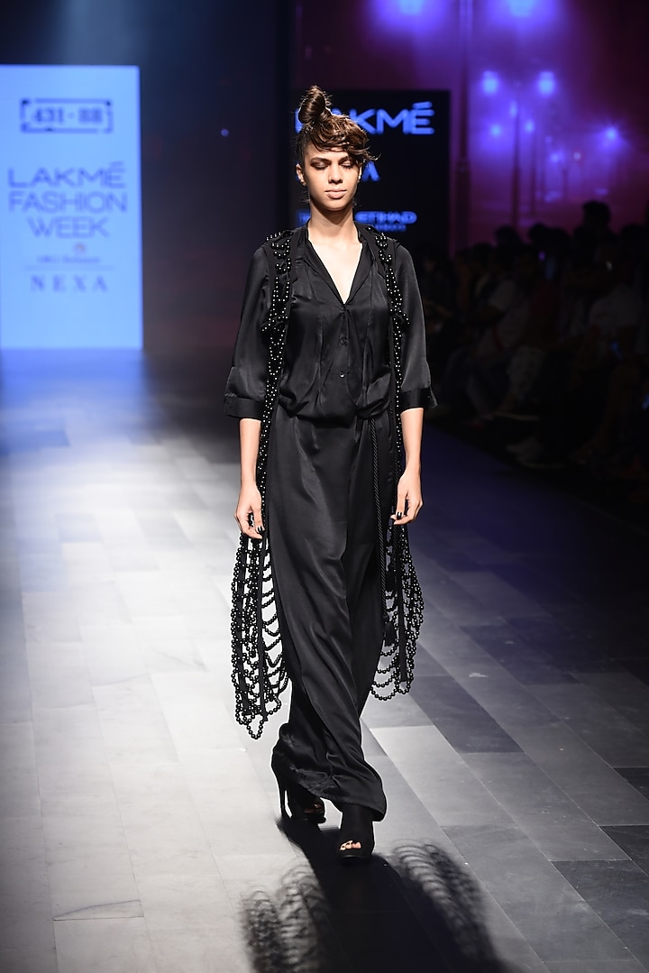 Black Beads Embroidered Front Open Coat by 431-88 By Shweta Kapur